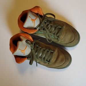Jordan 5 Retro Army Olive Sneakers with Solar Orange Accents Size 2Y